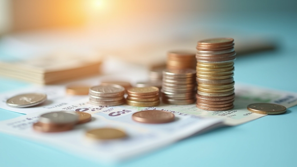 Verschiedene Sparprodukte und Münzen auf farbigem Hintergrund arrangiert