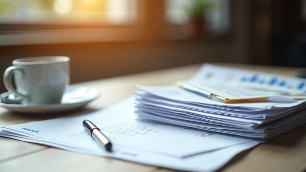 Stapel von Regierungsanleihen und Finanzunterlagen mit Kaffee auf dem Schreibtisch