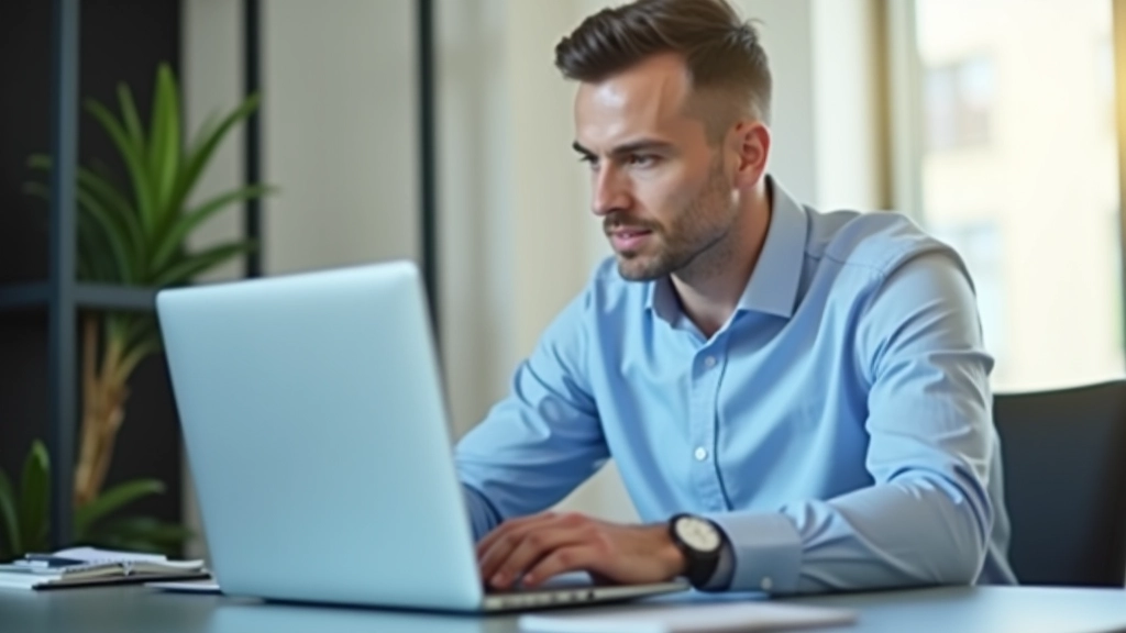 Mann sitzt vor Laptop und überprüft aktuelle Zinssätze auf einem Monitor