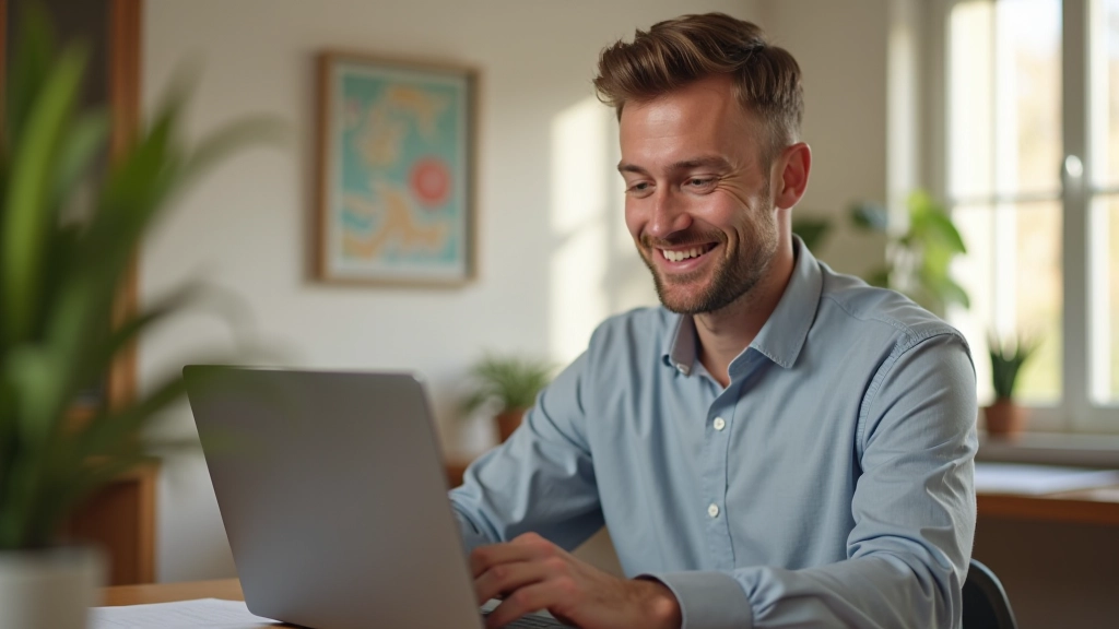Person schaut zufrieden auf Computerbildschirm mit besseren Zinssätzen und erfolgreicher Kontooptimierung