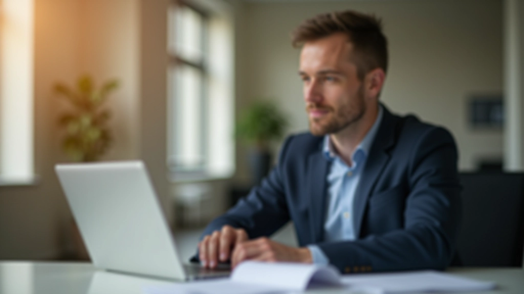Person an einem modernen Schreibtisch mit Laptop und Finanzunterlagen, warmes Licht